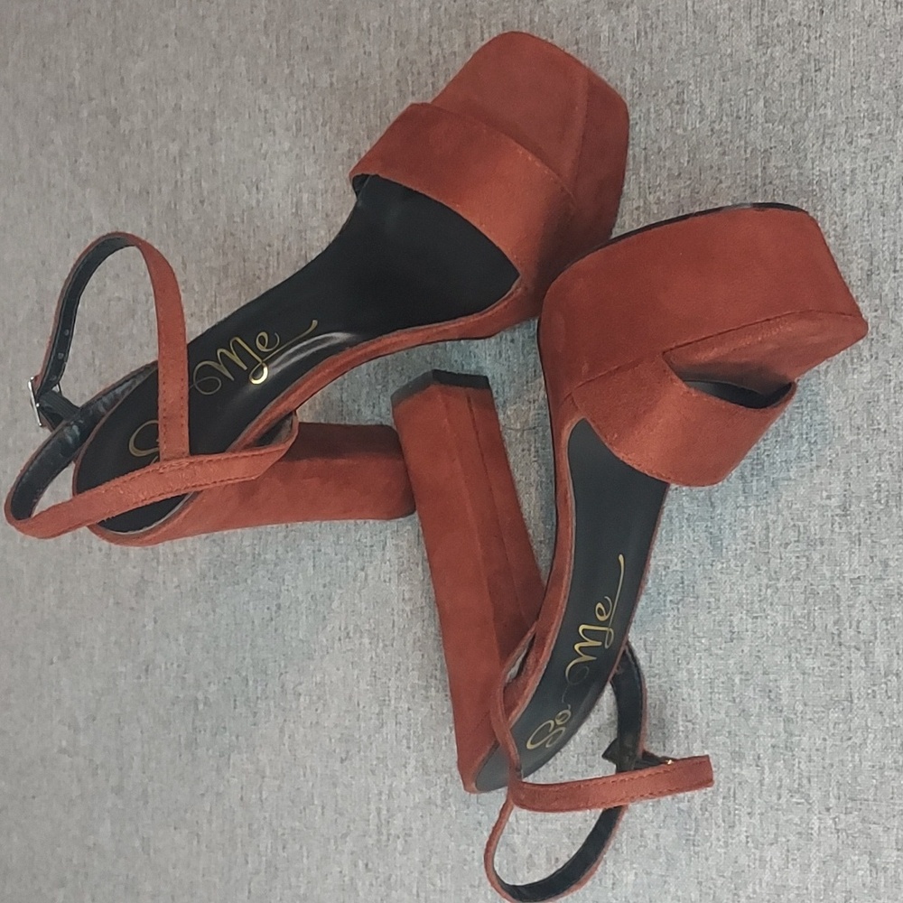 So Me Tulsa Rust Faux Suede Ankle Strap Open Toe Platform Heels Size 6